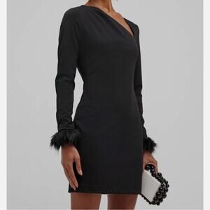 One33 Social Black Asymmetric Faux Fur-Trimmed Crepe Mini Dress